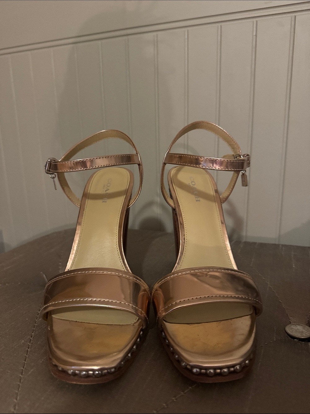 Coach Metallic Rose Gold Block Heel Sandals with Studded Trim - Picture 2 of 8